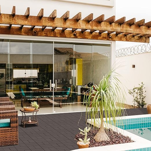 Goovilla Plastic Interlocking Deck Tiles, 27 Pack Outdoor Patio Flooring, 12"x12" Interlocking Decking Tile Outdoor All Weather Use, Waterproof Patio Paver for Pool Balcony Backyard Porch, Dark Coffee