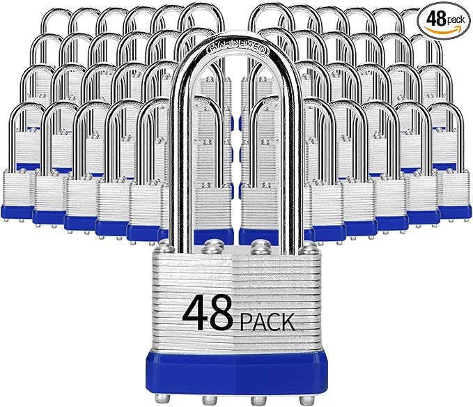 Padlocks Keyed Alike, Pack of 48, Laminated Steel Keyed Lock (1-9/16", 40mm), Padlocks with Same Key, Long Shackle, for Toolbox, Locker & StorageUnit or More