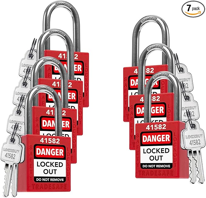 TRADESAFE Lockout Tagout Locks Set - 7 Red Keyed Alike Padlocks, 2 Keys Per Lock, OSHA Compliant Loto Locks for Lock Out Tag Out Stations, Premium Grade