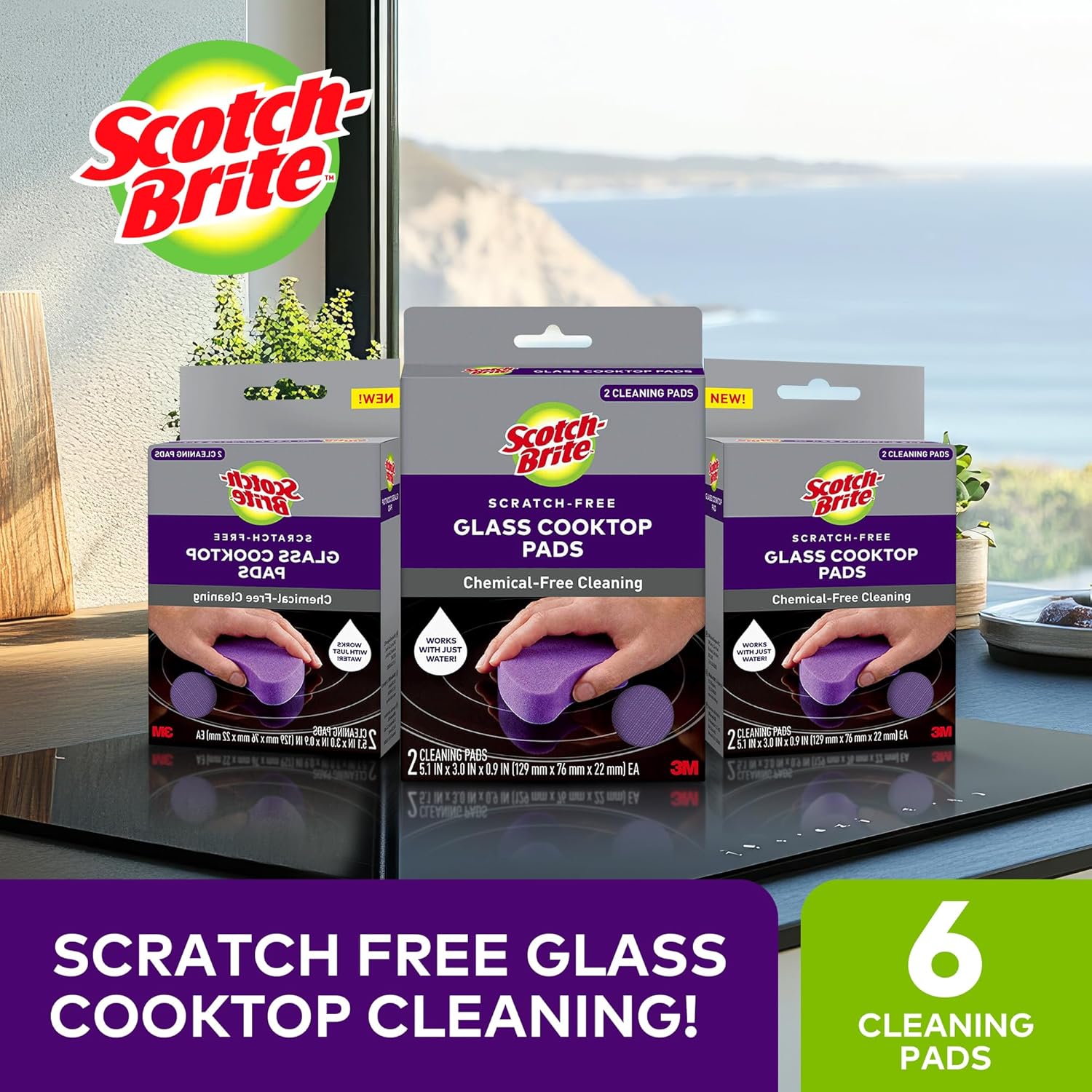 Scotch-Brite Glass Cooktop Pads, Scratch-Free & Non-Abrasive Scrubbers for Glass or Ceramic Stovetops, Cleans Burnt-On Messes with Just Water, Reusable Dishwasher-Safe Design (6 Pads)