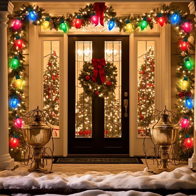 25 Pack C9 Clear Multicolor Replacement Bulbs, 7 Watts Night Light Bulbs, C9 Multicolored Ceramic Incandescent Bulb for Vintage Christmas Lights Outdoor Indoor Home Party Decor, E17 Candelabra Base