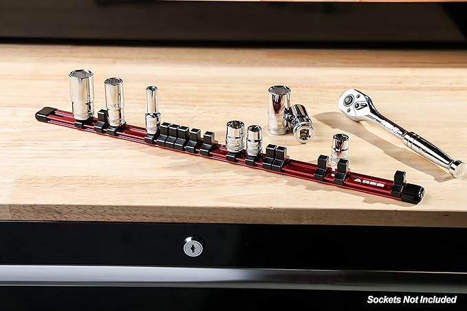 ARES 70202-3/8-Inch Drive Red Aluminum Socket Organizer - Store up to 16 Sockets and Keep Your Tool Box Organized - Sockets Will Not Fall Off this Rail