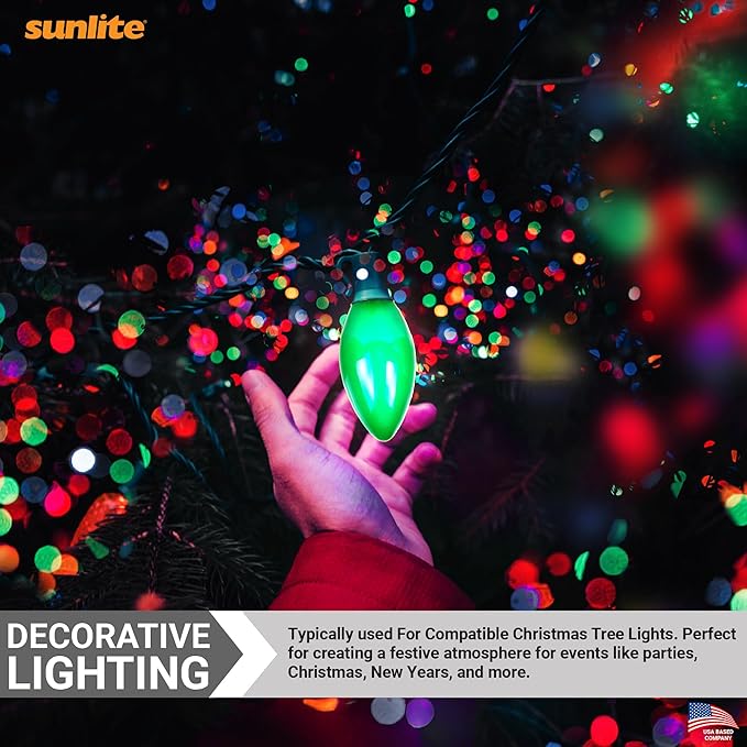 Sunlite 01295-SU Incandescent C9 Colored Bulbs, Holiday Decorative Bulb 7 Watts, E17 Intermediate Base, Christmas-Lights Nightlight, Title 20 Approved, Green, 25 Count