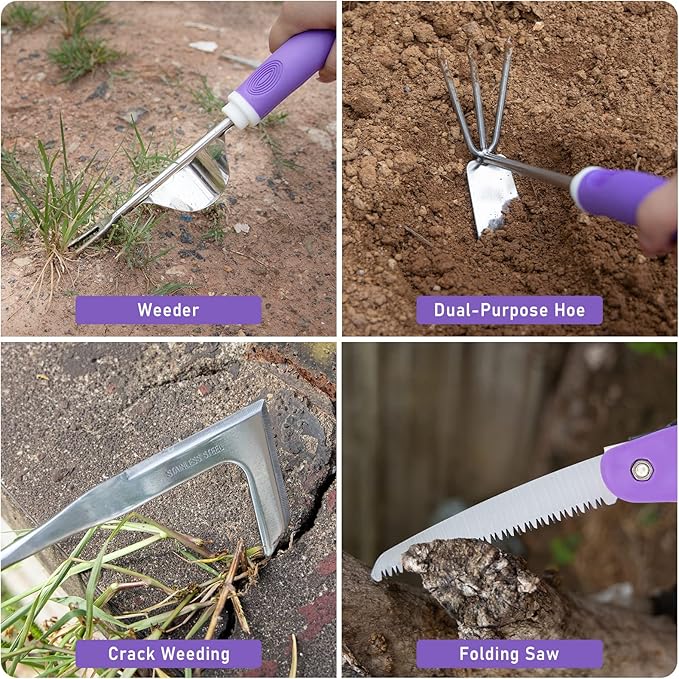 Purple Garden Tool Set Gardening Items for Women - 11PCS Heavy Duty Garden Tools with Detachable Storage Bag, Weeder, Dual-Purpose Hoe