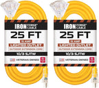 Iron Forge Cable 10 Gauge 25ft Lighted Outdoor Heavy Duty Extension Cord with 3 Outlets - 15 Amp 10/3 SJTW Yellow Extension Cord with Multiple Outlets - 2 Pack