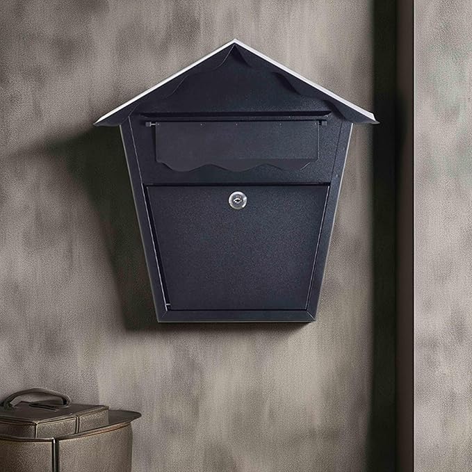 Wall Mount Locking Mailbox - Black Horizontal Triangular Security Mailbox - Waterproof Vertical Drop Mail Box Outdoor with Key