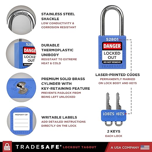 TRADESAFE Lockout Tagout Locks Set - 7 Blue Loto Locks, Lockout Locks Keyed Different, 2 Keys Per Lock, OSHA Compliant Lock Out Tag Out Padlocks, Safety Padlocks for Electrical Lockout Tag Out Kits