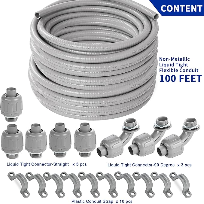(1/2" Dia * 100 Feet) Yariwiz Flexible Electrical Conduit Liquid Tight PVC Conduit Kit with 5 PCS Coupling, 3 PCS Elbow and 10 PCS Strap, Sealtight Seal Flex Liquidtight Wire Outdoor Non Metallic Grey