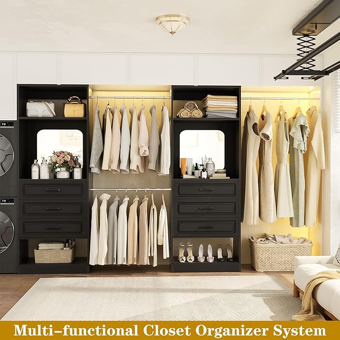 Unikito Closet System with 6 Drawers, 6-14Ft Closet Organizer with Mirror, Walk-in Closet Organizer Wardrobe Clothes Rack with 3 Hanging Rods, Sturdy Wood Clothing Garment Rack with Tower, Black