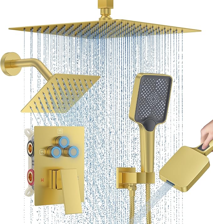 Shower Faucet Set, 12" Ceiling Mount Rainfall Shower System with 2 Rain Shower Head and Multi-function Handheld Head Push Button Diverter Shower Faucet Trim Kit (12", Brushed Gold)