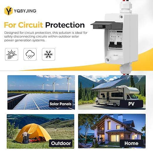 Solar Panel Disconnect Switch 50 Amp DC AC Miniature Circuit Breaker 500V 2 Poles with PV Connector and IP65 Waterproof UV-Proof Box for Outdoor Solar PV Homes Battery
