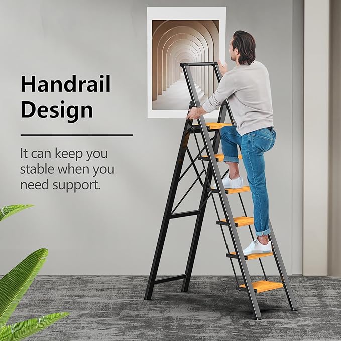 GameGem 6 Step Ladder for 12 Feet High Ceiling, Lightweight Aluminum Folding Step Stool with Convenient Handgrip, Stepladders with Anti-Slip and Wide Pedal for Home Use Space Saving - Black+Woodgrain