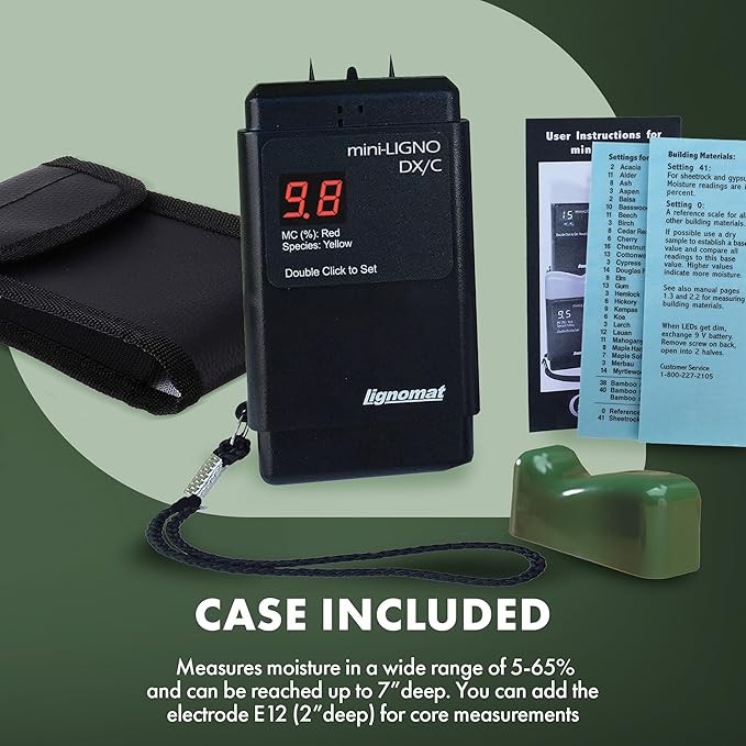 Mini-Ligno DX/C Moisture Meter – Wood Moisture Meter for Wood, Concrete, Subfloors, OSB & Drywall, 46 Settings for Testing, Portable Easy to Use