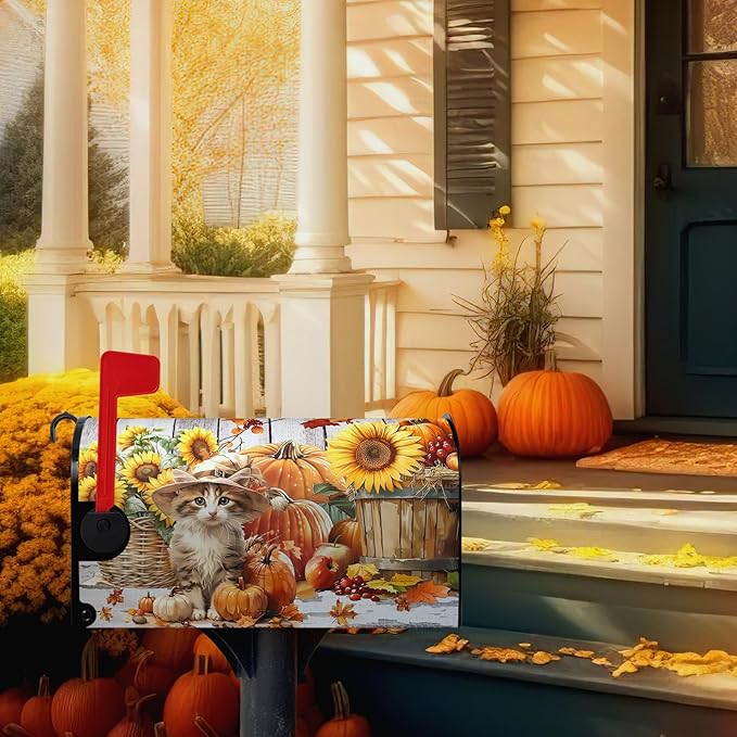 Fall Pumpkin Sunflower Mailbox Covers Magnetic 21x18 Inch Cute Cat Autumn Harvest Mailbox Cover Thanksgiving Post Letter Box Wraps Standard Size Garden Farm Outdoor Yard Decor