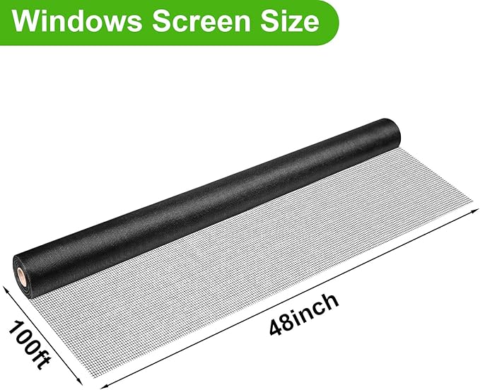 Ouskr Replacement Window Screens Roll, 48 inch x 100 feet Durable Window Screen Mesh for Patio Porch Door Windows, DIY Adjustable Fiberglass Window Screen Repair Kit Sliding Net Pet, Black