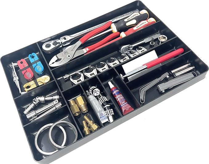 MLTOOLS Tool Drawer Organizer Tray - 10-Compartment Home & Garage Tool Tray - Stackable Workbench Toolbox Organization Holder for Small Parts, Batteries, Supplies - Made in The USA - OT10R Red