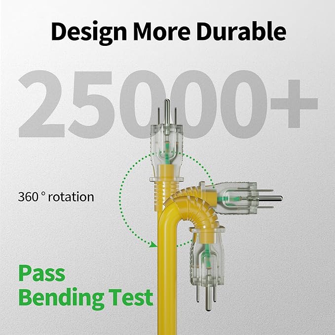 POWGRN 2 Pack 3 ft 12/3 Outdoor Extension Cord Waterproof Heavy Duty with Lighted Indicator End 12 Gauge 3 Prong, Flexible Cold-Resistant Long Power Cord Outside, 15Amp 1875W Yellow ETL Listed