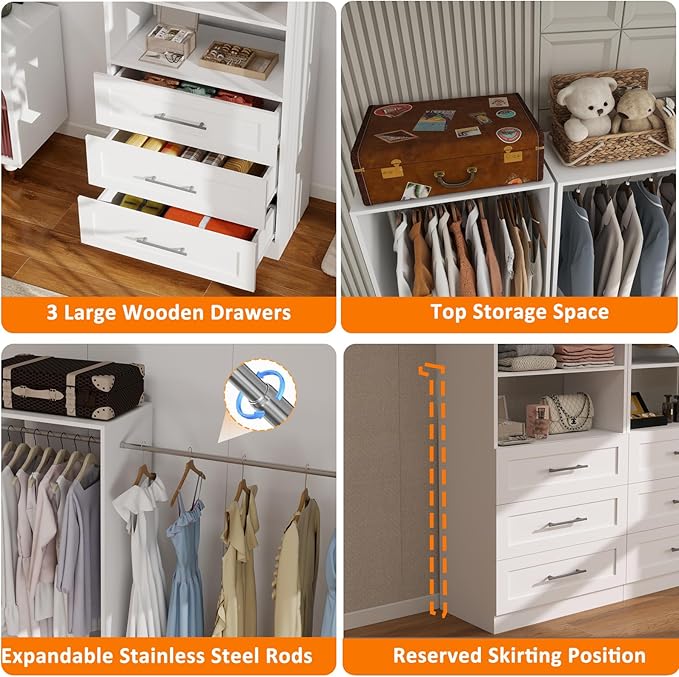 Closet System with 12Drawers, Modular Closet Organizer System with 8 Hanging Rod, Custom Closet Storage System for Small Walk-in Closet, 4 Sets,White (8FT)