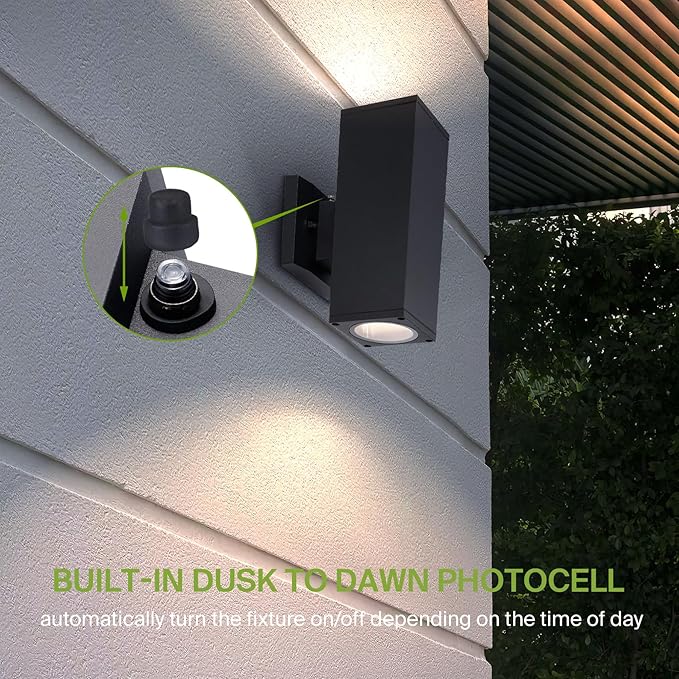 ASD 2 Light Square Dusk to Dawn Outdoor Wall Light Fixture | 120W E26 Bulb Socket 120V ETL Cylinder Up Down Lights | LED/CFL/Incandescent Bulb Wall Sconce | Front Door, Porch, Patio | Black