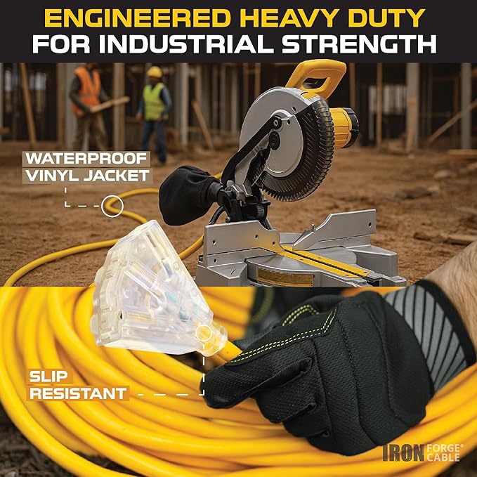 Iron Forge Cable 10 Gauge 100ft Lighted Outdoor Heavy Duty Extension Cord with 3 Outlets - 15 Amp 10/3 SJTW Yellow Extension Cord with Multiple Outlets