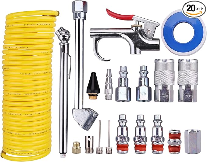 WYNNsky Air Compressor Kit, 1/4 Inch NPT Air Tool Kit with 1/4 Inch x 25Ft Coil Nylon Hose/Tire Gauge - 20 Pieces