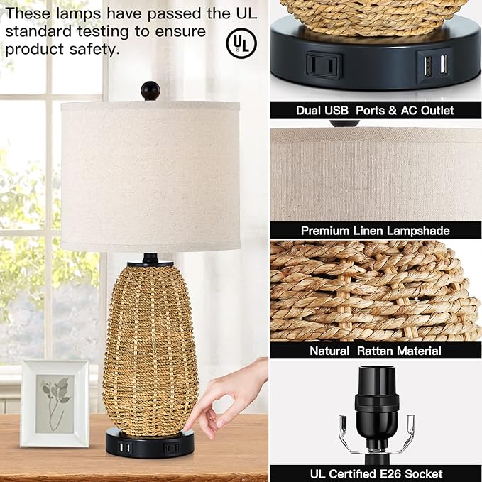 Touch Control Rattan Table Lamps, 3 Way Dimmable Bedside Lamps for Bedroom with 2 USB Ports and AC Outlet, Grass Rope Nightstand Lamps for Living Room Office (LED Bulbs Included)