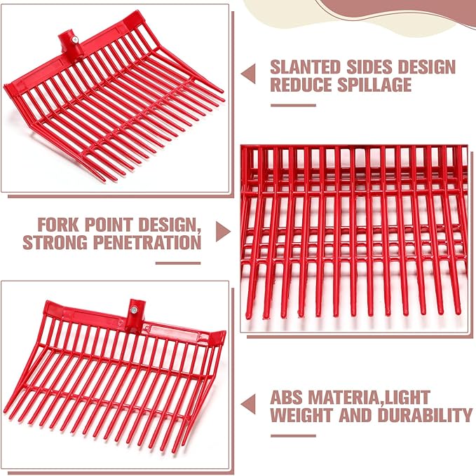 Lasnten Manure Fork Replacement Head, 18 Tines Pitchfork Head with Screws and Nuts, Horse Manure Rake for Picking up Grass and Hay(Red,2 Pcs)