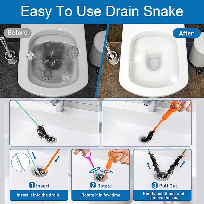 12 Pack Drain Clog Remover Kit, 59" Drain Snake(3pcs), 37" Steel Sink Snake(2pcs), 25" Snake Drain Hair Removal Tool(4pcs), 24" Drain Cleaner Tool(1pc), 18" Drain Brush(2pcs) for Sink, Toilet, Shower