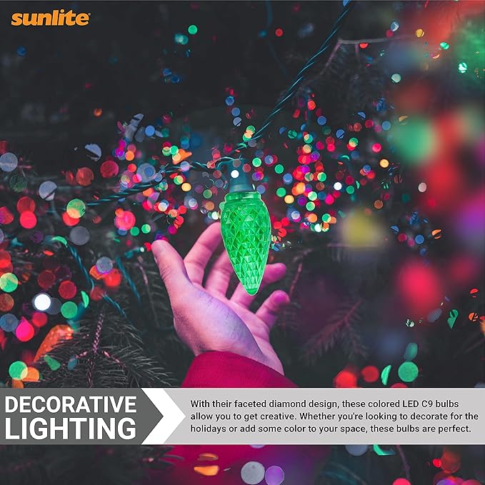 Sunlite 80706 LED C9, Holiday Decorative Light Bulb, 0.4 Watts, E17 Intermediate Base, Faceted Christmas-Lights; Nightlight, Green, 6 Count