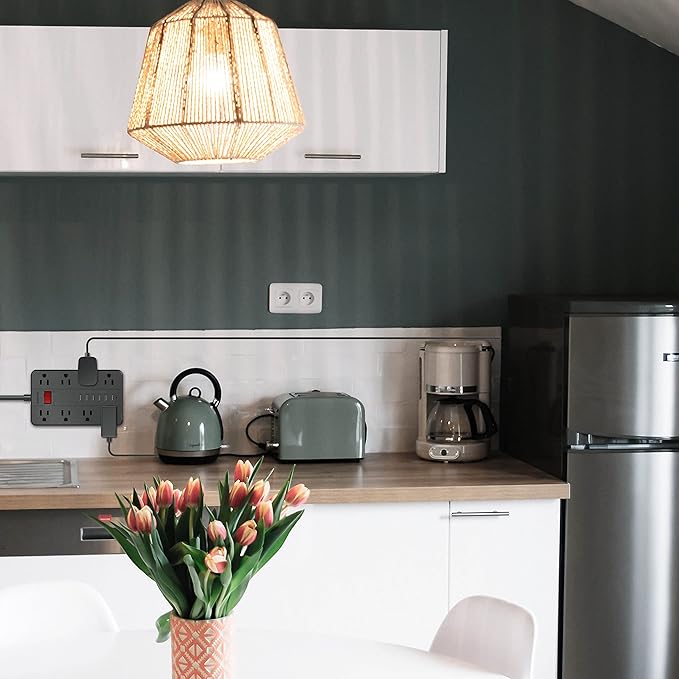 10 Ft Extension Cord Surge Protector, SMNICE 8 Widely Spaced Outlets and 6 USB (1 USB C) Charging Ports Flat Plug Power Strip, Desktop Power Cord for Travel Home Office Accessories Black