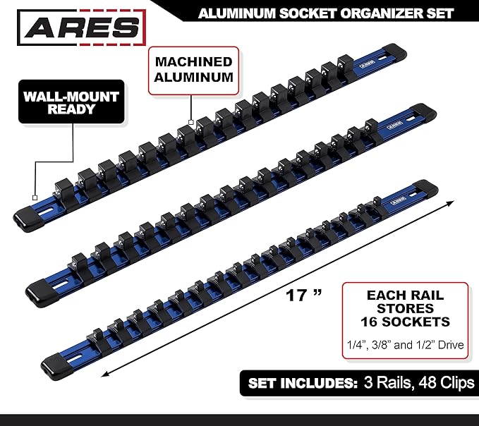 ARES 60041-3-Piece 17-Inch Blue Aluminum Socket Rail Set - 1/4-Inch, 3/8-Inch, and 1/2-Inch Drive Socket Organizers Hold 48 Sockets