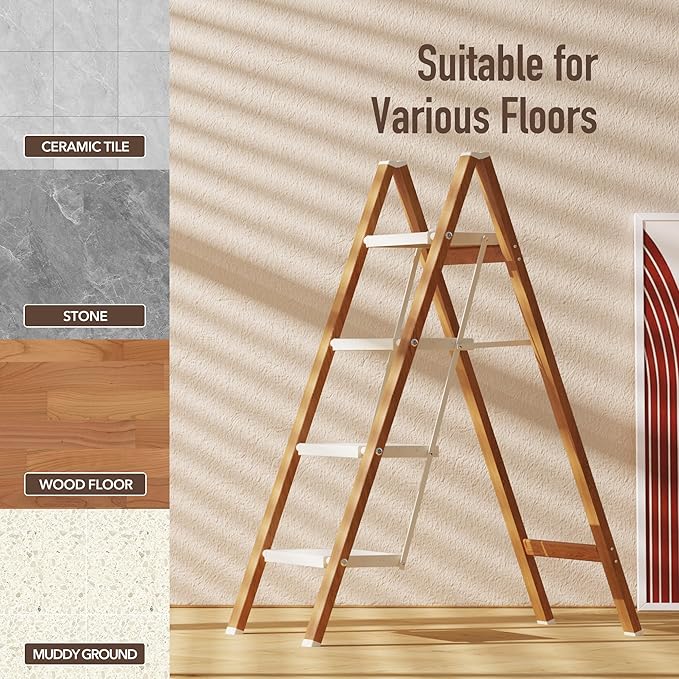 4 Step Lightweight Aluminum Folding Ladder, Portable Step Stool with Anti-Slip Pedals, 330 lbs Capacity for Home, Office, Kitchen（White&Woodgrain）