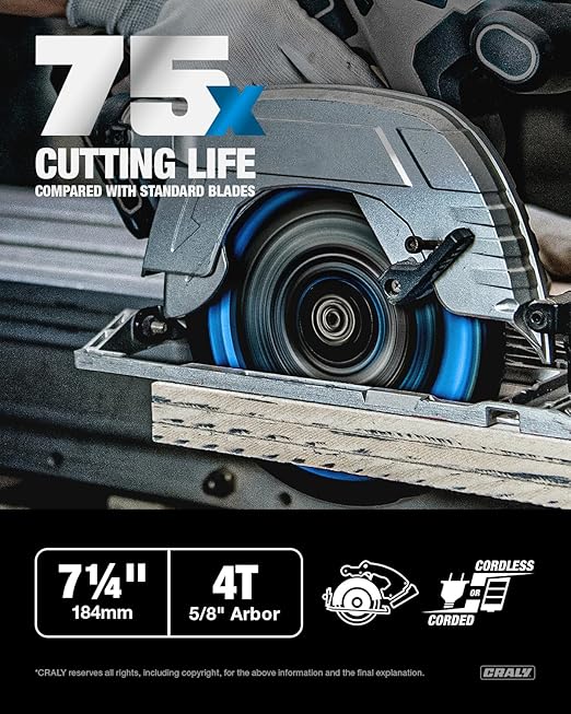 CRALY 7-1/4 Inch 4 Teeth Hardie Fiber Cement Circular Saw Blade, 5/8 Inch Arbor, Polycrystalline Diamond Tipped (PCD), Thin Kerf, Black Ice™ Coating, for Laminate Flooring, 3-Pack(C0704FC-3)