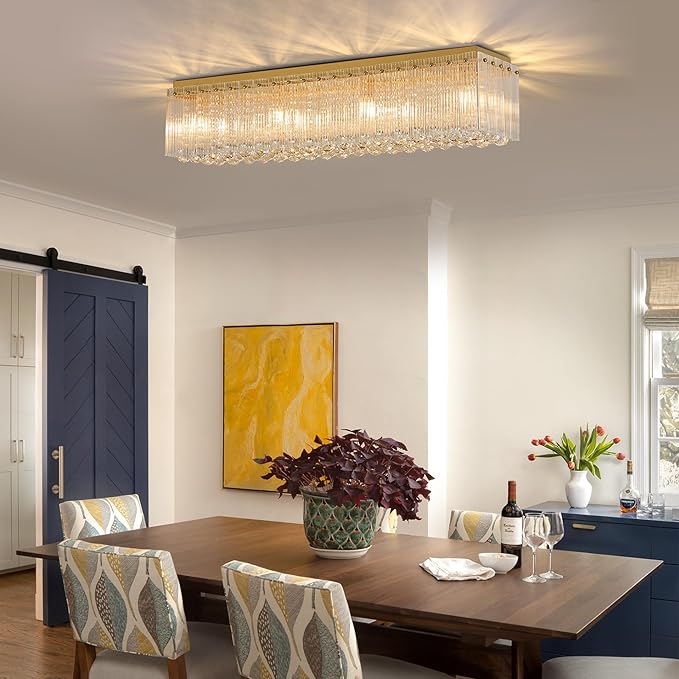 40 Inches Crystal Chandeliers for Dining Room, Gold Modern Ceiling Light for Living Room, Flush Mount Chandelier, Light Fixture for Entryway, Foyer, 8 Bulbs(Not Inclubed), E12 Base