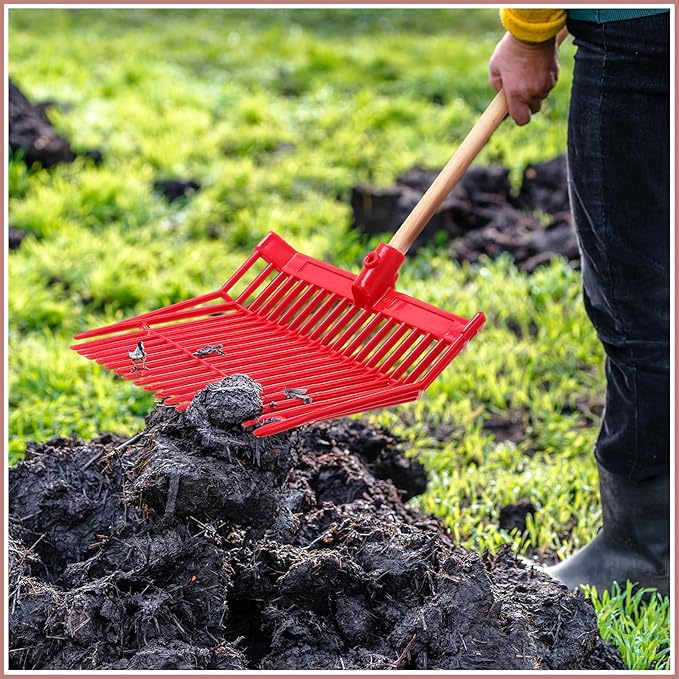 Lasnten Manure Fork Replacement Head, 18 Tines Pitchfork Head with Screws and Nuts, Horse Manure Rake for Picking up Grass and Hay(Red,2 Pcs)