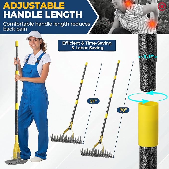 Rake, 70" Heavy Duty Metal Dethatcher Rake with 15" Wide Double-Edged Sharp Tines Thatch Rakes for Lawns,Mulch Dead Grass Removal, Loosening Soil,Lawn Care, Dethatching,Yard,Garden