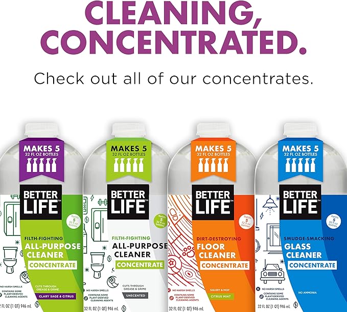 Better Life All Purpose Cleaner Concentrate- Multipurpose Home and Kitchen Cleaner for Glass, Countertops, Appliances, Upholstery & More - 32oz Unscented Concentrate
