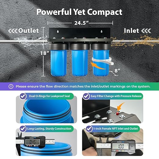 iSpring 3-Stage Whole House Water Filter System, SGS-Tested to Removes Up to 99% PFAS, Reduces Scale, Heavy Metals, Corrosion, Lead, Chlorine, 10” x 4.5” Filters, 1” NPT Ports, Model: WGB31B-PFKDS