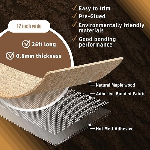 GSCIT Club Maple Wood Veneer, 12 inch x 25ft Wood Edge Banding Pre-glued Flexible, Veneer Tape Banding for Cabinet Repair Furniture Restoration