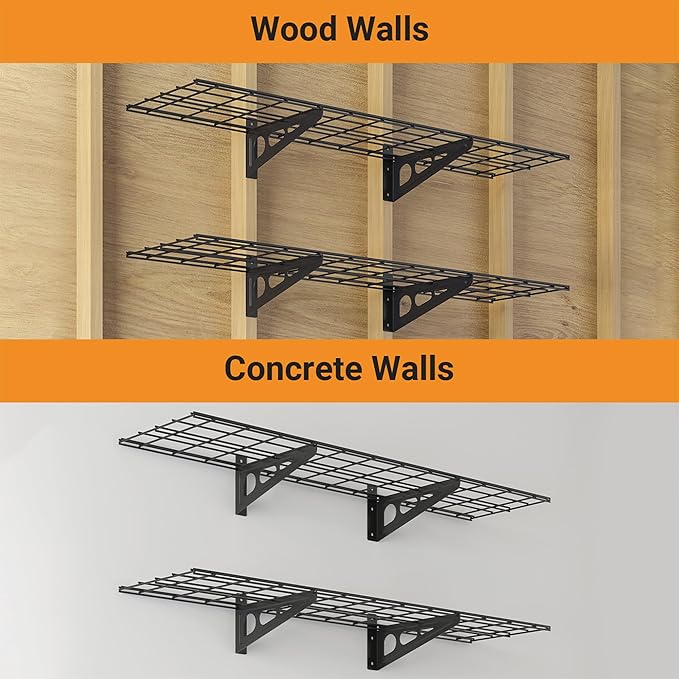 1x4 ft Garage Shelving, 2-Pack Wall-Mounted Shelves for Garage, Kitchen, Pantry Storage, 300 lbs Total Load Capacity Wall Shelving, Black
