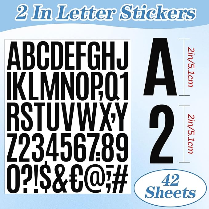 2142 PCS 42 Sheets Letter Stickers Mailbox Numbers and Letters Self Adhesive Vinyl Waterproof Alphabet Number Stickers for Mailbox Address,Craft,Water Bottles, Sign, Door, Home Decor (2 Inch,Black)
