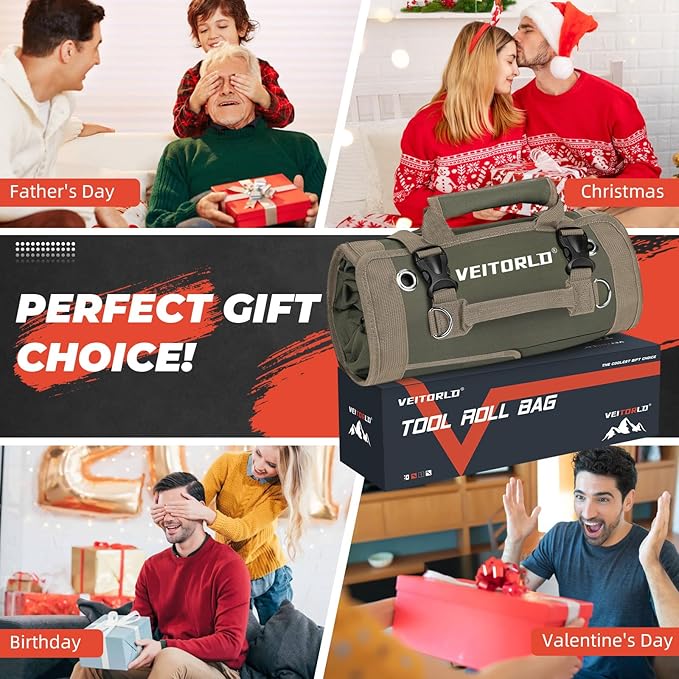 Tool Roll Up Bag, Gifts for Men Dad Husband Him Christmas, Mens Stocking Stuffers, Portable Tools Box Storage for Men, Heavy Duty Tool Organizer W/Detachable Pouches for Electrician Mechanic Carpenter