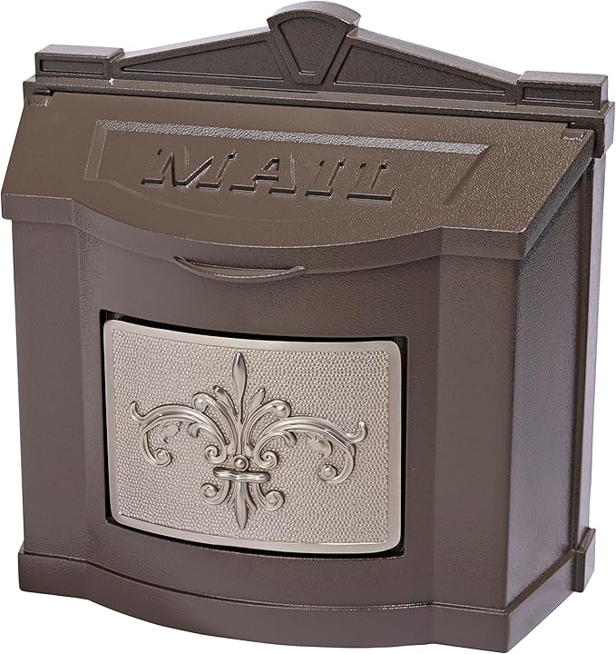 Gaines Wallmount Mailbox - Powder Coated Aluminum with Solid Brass Accents - Mounting Hardware Included (Bronze with Satin Nickel Fleur De Lis)