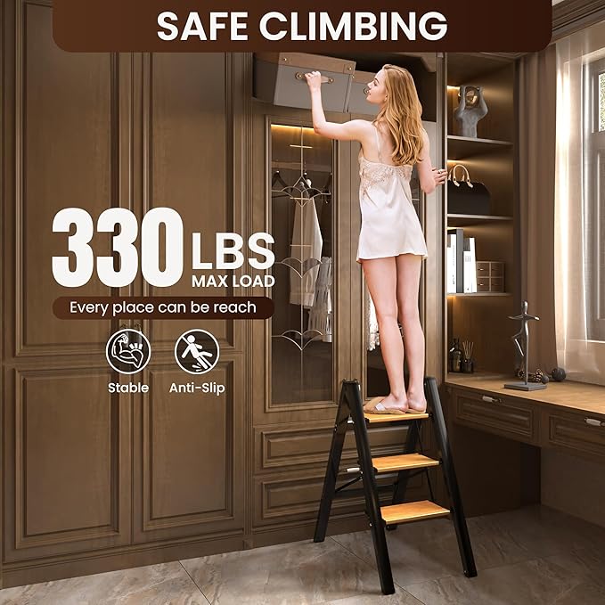 GameGem 3 Step Ladder, Aluminum Folding Step Stool with Anti-Slip Sturdy and Wide Pedal, Lightweight Portable Stepladder for Home and Kitchen Use Space Saving, 330 lbs, Black Woodgrain