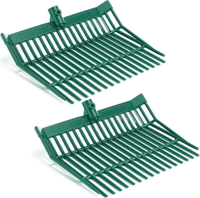 Lasnten Manure Fork Replacement Head, 18 Tines Pitchfork Head with Screws and Nuts, Horse Manure Rake for Picking up Grass and Hay(Army Green,2 Pcs)