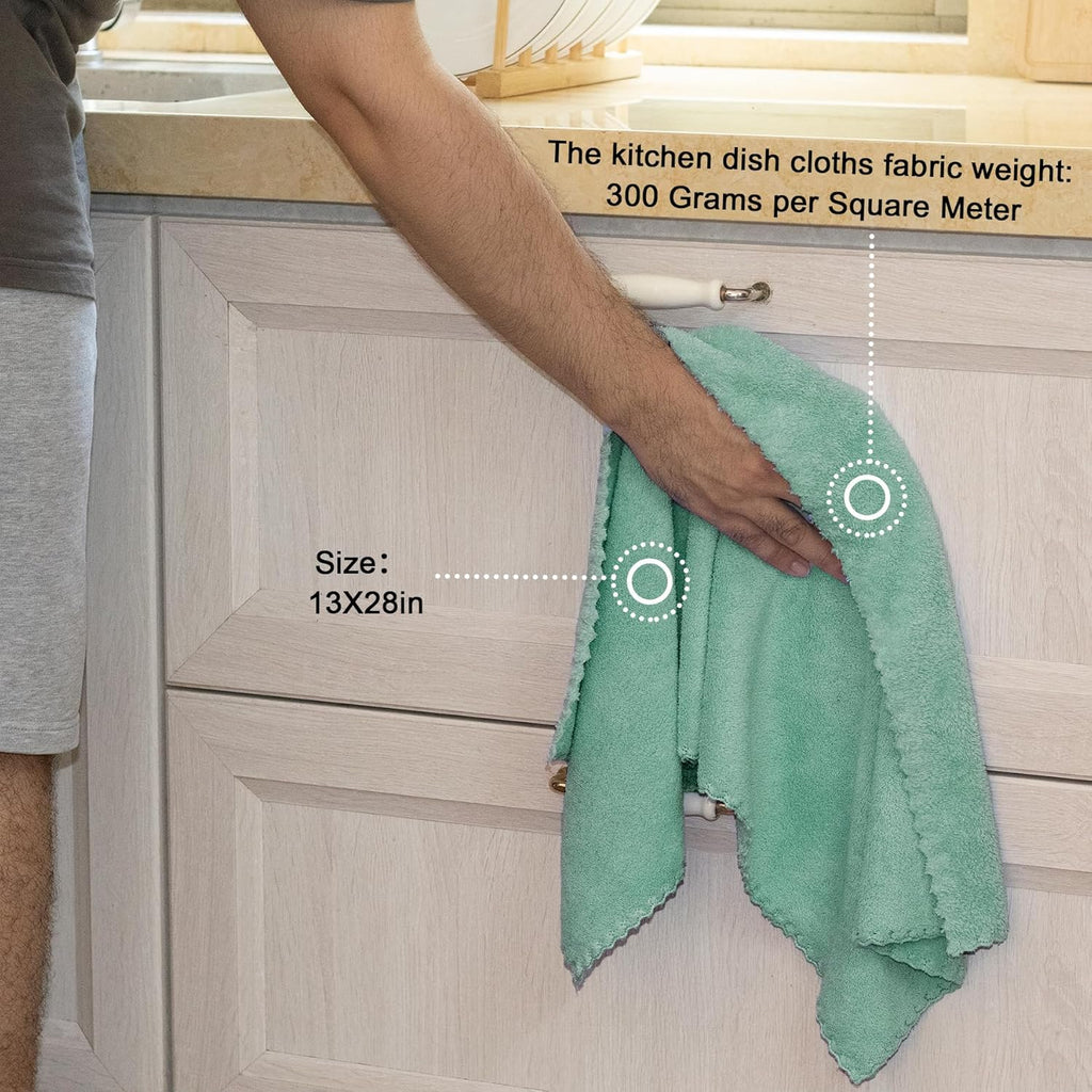 kimteny Kitchen Cloth Dish Towels, 13x28 Inches Premium Dishcloths, Super Absorbent Coral Velvet Microfiber Cleaning Cloths, Fast Drying Rags for Washing Dishes (13x28-6 Pack, Green)