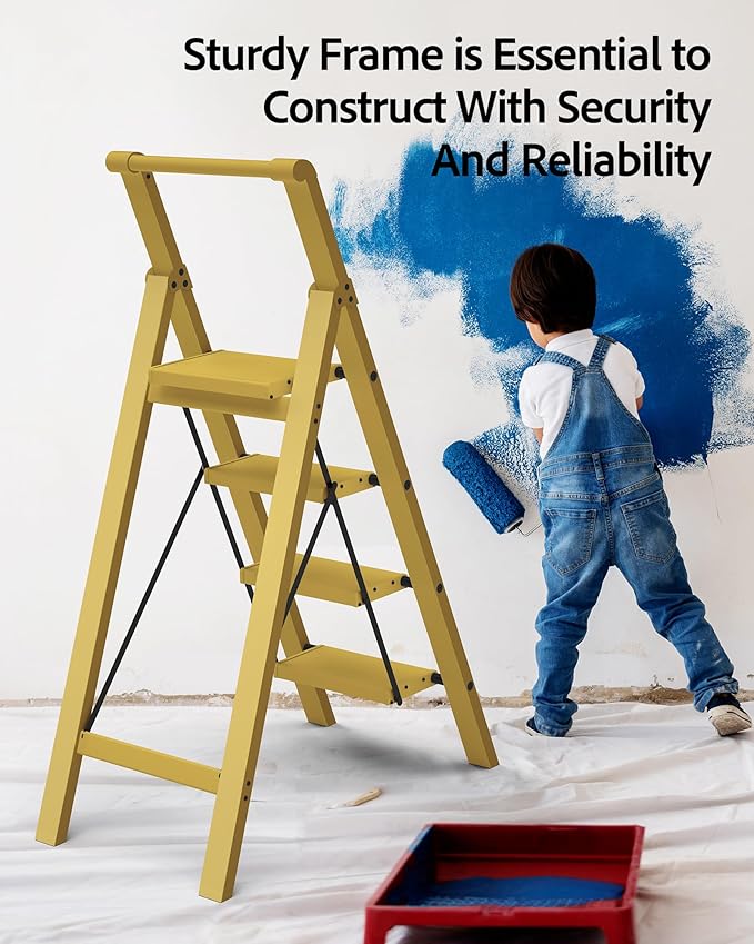 Taranta 4 Step Ladder, Lightweight Aluminum Step Stool with Convenient Handgrip, Folding Ladder with Anti-Slip Pedals, 330lbs Capacity Stepladder for Home, Office, Kitchen - Twilight Yellow