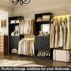 Unikito Closet System with 6 Drawers, 6-14Ft Closet Organizer with Mirror, Walk-in Closet Organizer Wardrobe Clothes Rack with 3 Hanging Rods, Sturdy Wood Clothing Garment Rack with Tower, Black