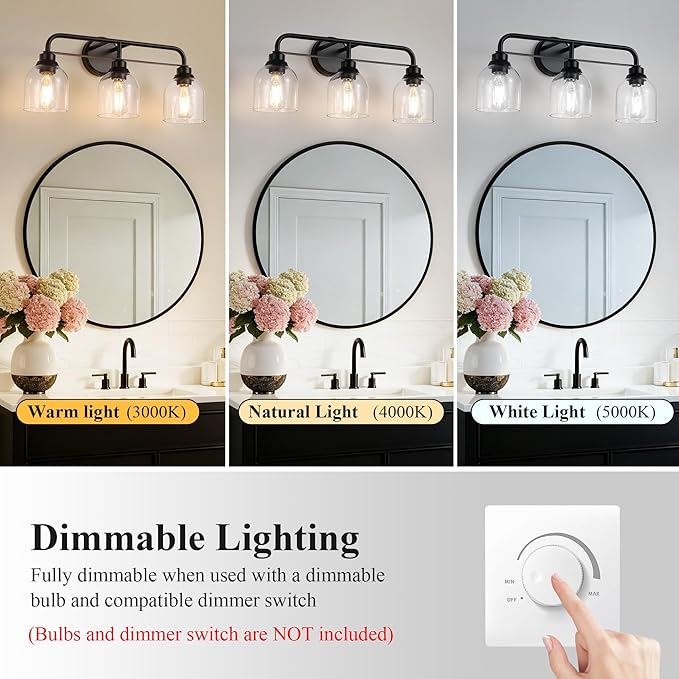3 Light Matte Black Vanity Lights for Bathroom, Bathroom Light Fixtures Over Mirror with Clear Glass Shade, Ceramic E26 Sockets Wall Mounted