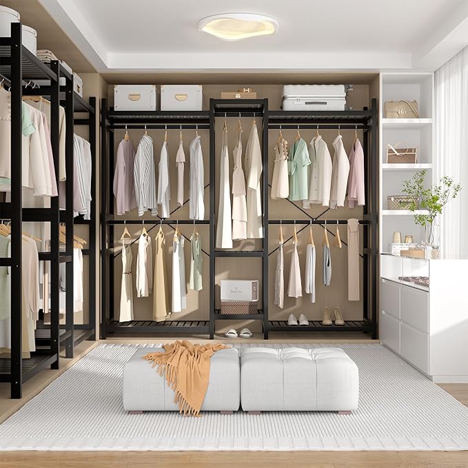 Homykic Bamboo Closet System Clothes Rack, Large Freestanding Garment Rack Clothing Rack for Hanging Clothes with 7 Storage Shelves and 5 Rods, Open Wardrobe Organizer with 4 Hooks, Black